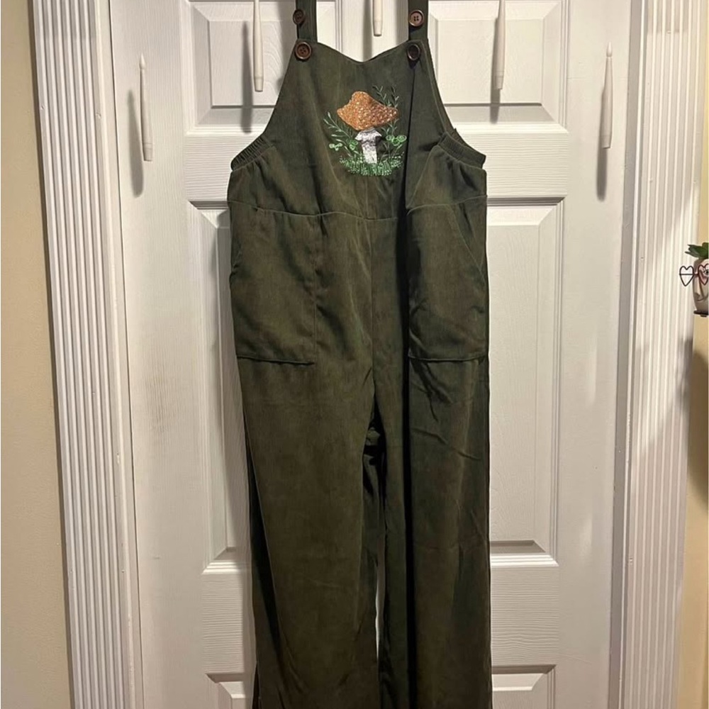 Green Overalls with Mushroom Embroidery